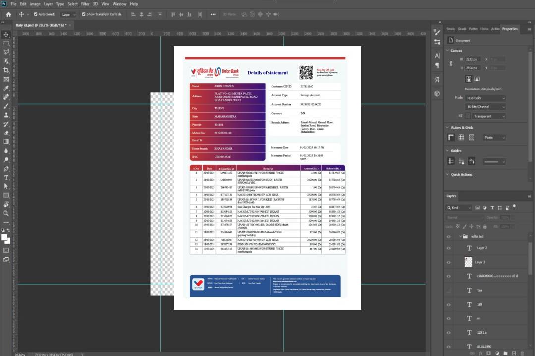 Modèle Word et PDF de relevé de compte India Union Bank of India, version 3 template Modèle Word et PDF de relevé de compte India Union Bank of India, version 3 template